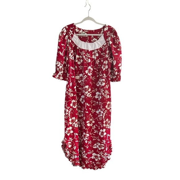 Hilo Hattie Hawaiian Red & White Hibiscus Floral MuMu Dress size Large Vintage - Picture 1 of 7